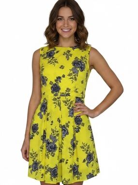 Suzy Shier Yellow Sleeveless Fit N Flare Floral Dress SZ S